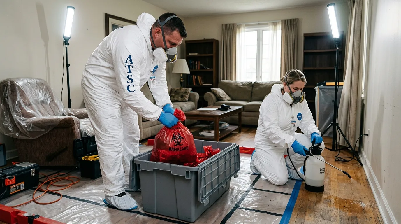 Professional Hoarding Cleanup technician in full PPE working in Town and Country